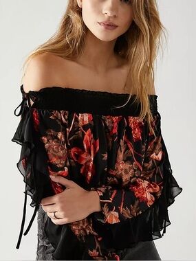 Free People Born To Love Off-Shoulder Bodysuit Floral Black Size M